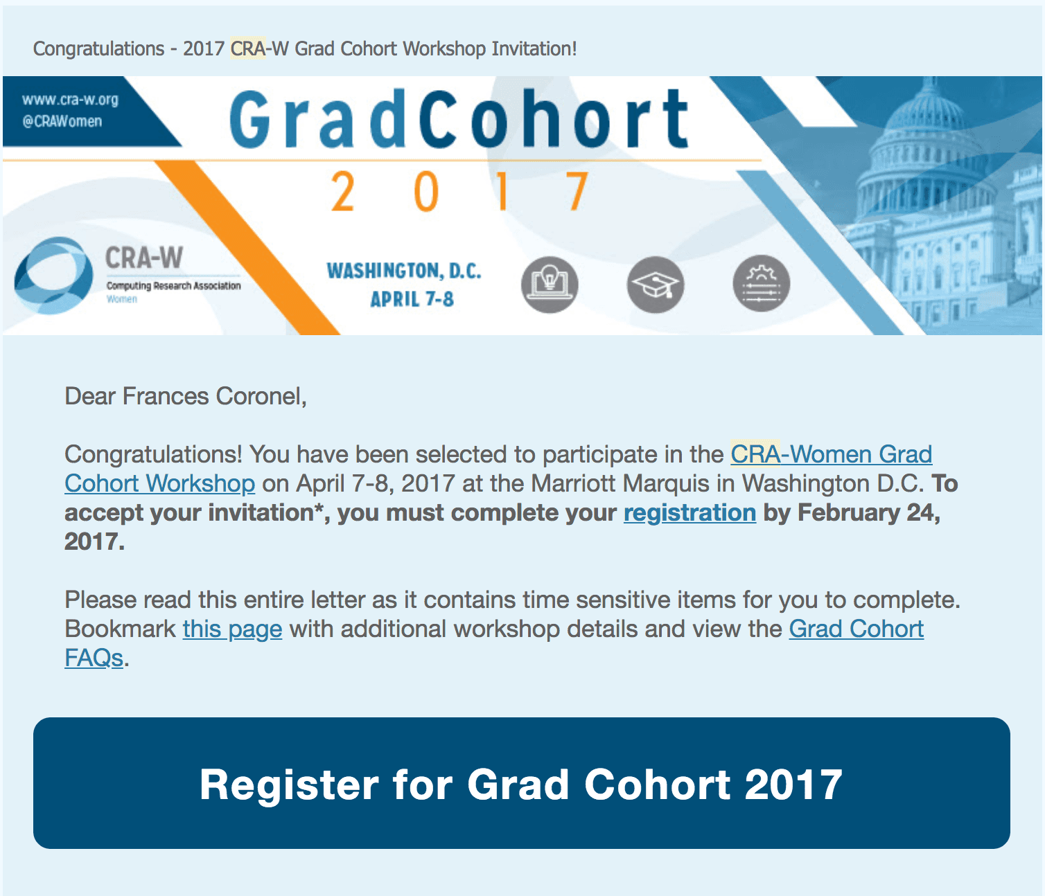 CRA-Women Grad Cohort Workshop Scholarship Recipient